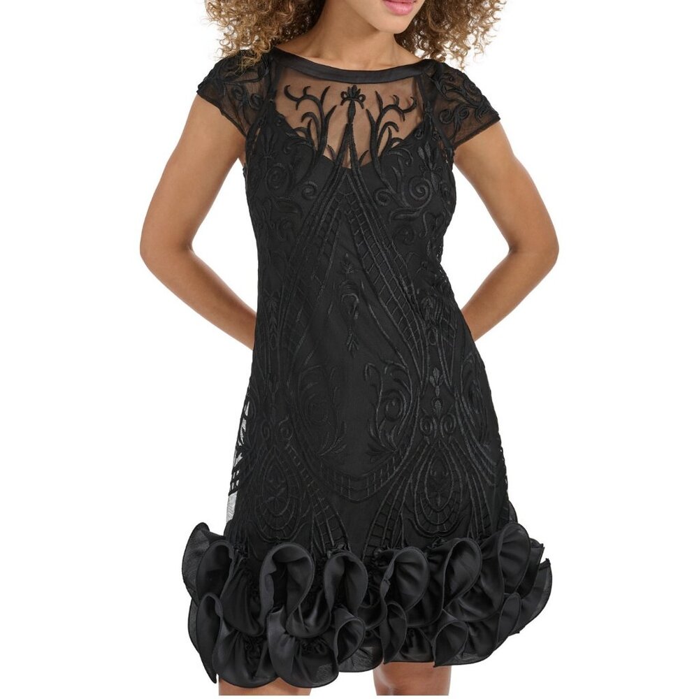 Kensie Womens Black Embroidered Sheer Cap Sleeve Cocktail Dress With Satin Ruffl